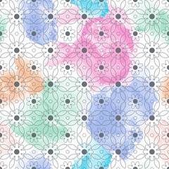 Seamless vector pattern with geometric shapes on a colored background. Trendy floral pattern in a halftone style.
