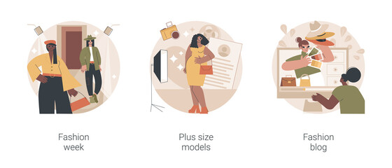 Fashion industry abstract concept vector illustration set. Fashion week, plus size models, social media blog, apparel brand, clothes designer, advertising campaign, style expert abstract metaphor.