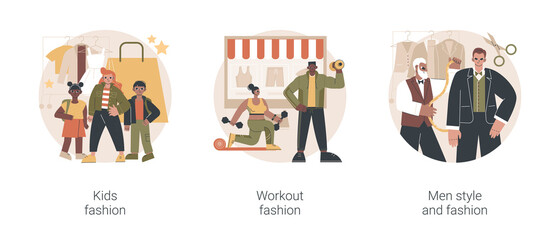 Obraz premium Clothes market abstract concept vector illustration set. Kids fashion, workout and men style clothing, showroom, fashion industry, sportswear brand, men tailor shop, accessories abstract metaphor.