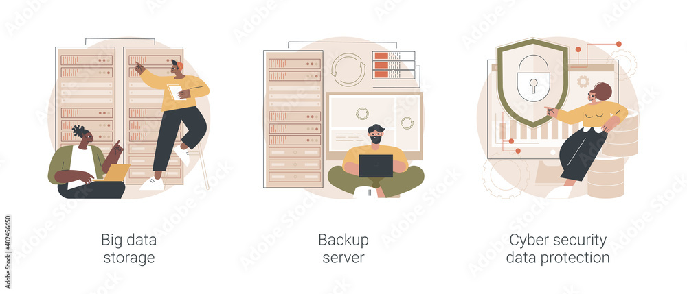 Poster data backup software abstract concept vector illustration set. big data storage, backup server, cybe