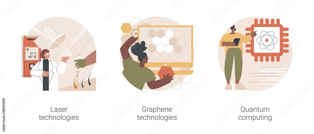 Poster innovative science abstract concept vector illustration set. laser and graphene technologies, quantu