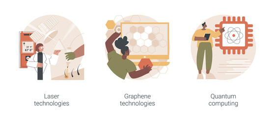 Innovative science abstract concept vector illustration set. Laser and graphene technologies, quantum computing, computer science, carbon dioxide nanomaterial, supercomputer abstract metaphor.