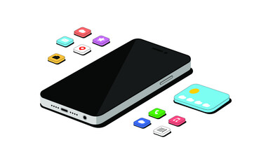 3d isometric web banner smartphone with mobile app icon. Vector illustration of mobile application development