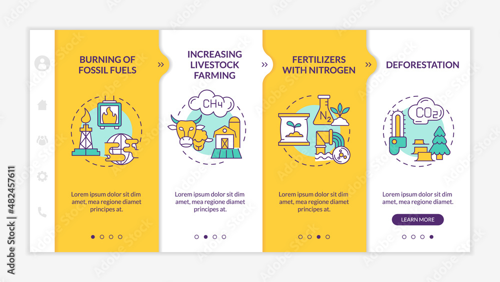 Poster reasons for climate change yellow onboarding template. global warming. responsive mobile website wit