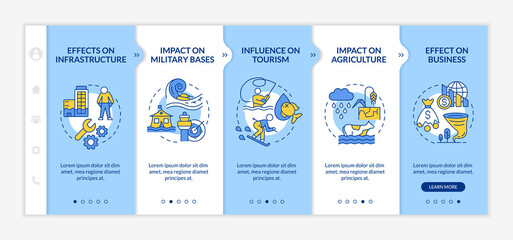 Effects of climate change on the economy blue and white onboarding template. Responsive mobile website with linear concept icons. Web page walkthrough 5 step screens. Lato-Bold, Regular fonts used