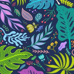 Exotic floral pattern with colorful tropical flowers and tropical leaves illustration on dark blue background template for trendy folk style modern floral background