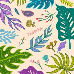 Fototapeta na wymiar Exotic floral pattern with colorful tropical flowers and tropical leaves illustration template for trendy folk style modern floral background