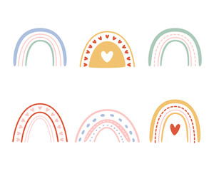 A cute set of children rainbows in pink and orange. Valentine day illustration collection