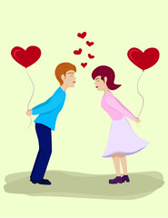 Man and woman in love with balloons, valentine's day card