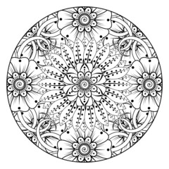 Circular pattern in form of mandala for Henna, Mehndi, tattoo, decoration. Decorative ornament in ethnic oriental style. Coloring book page.