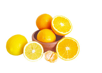 Still life, oranges, lemons and tangerines on a white background