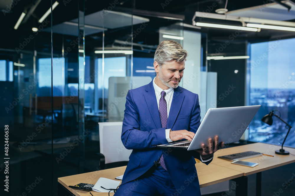 Wall mural portrait of successful gray-haired businessman, man with working in modern office.