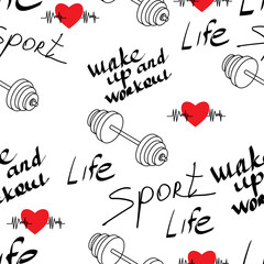 pattern for textiles, sportswear, graffiti and inscriptions about sports, motivation, healthy lifestyle, heartbeat, rhythm