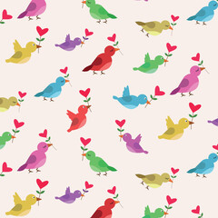 Vector seamless pattern of colorful birds carrying hearts and leaves on light cream background. Great for valentine greeting cards, gift wrapping paper, fabric and textile 