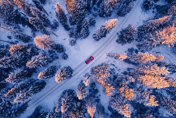 Red car driving on winding road through snowy forest sunset