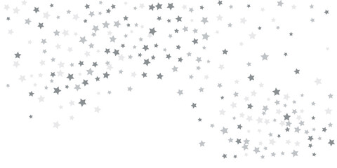 Silver star confetti. Falling stars on a white background. Illustration of flying shining stars. Decorative element. Suitable for your design, postcards, invitations, gift, vip.