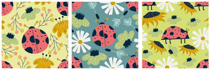 Scandinavian set of spring patterns with flowers, ladybugs and chamomile. Seamless pattern with insects and sunflower. Vector illustration design. Summer floral scandinavian nursery print design.