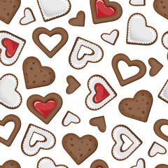 Vector seamless pattern of chocolate cookies in the form of hearts in glaze and with red jam isolated on white background.