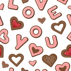 Vector seamless pattern of chocolate cookies in the form of hearts and letters i love you in coral glaze and with red jam isolated on white background.
