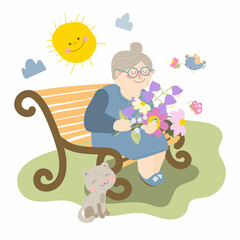 A grandmother sits on a bench. Grandma is holding a bouquet of spring flowers. Near the old woman sits a cat. Vector illustration on white background in cartoon style. For print, web design.