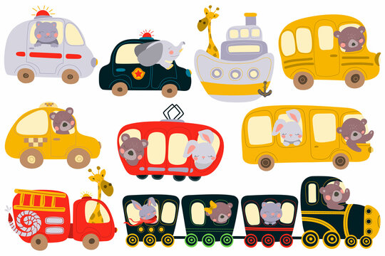 Vector set of animals driving in transport. Train, police car, cab, bus, fire truck, school bus in cartoon style.  For print, web design.