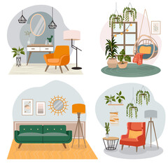 A collection of cozy interiors for rest and relaxation. Stylish furniture in a cozy environment. Vector illustration