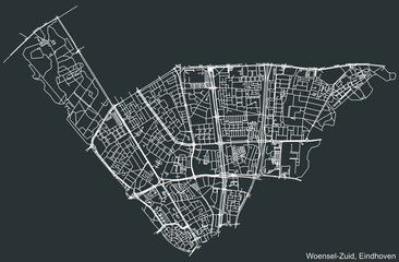 Detailed negative navigation white lines urban street roads map of the WOENSEL-ZUID DISTRICT of the Dutch regional capital city Eindhoven, Netherlands on dark gray background