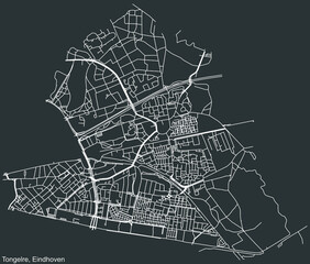 Detailed negative navigation white lines urban street roads map of the TONGELRE DISTRICT of the Dutch regional capital city Eindhoven, Netherlands on dark gray background