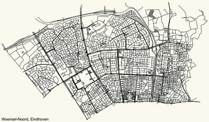Fototapeta na wymiar Detailed navigation black lines urban street roads map of the WOENSEL-NOORD DISTRICT of the Dutch regional capital city Eindhoven, Netherlands on vintage beige background