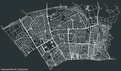 Detailed negative navigation white lines urban street roads map of the WOENSEL-NOORD DISTRICT of the Dutch regional capital city Eindhoven, Netherlands on dark gray background
