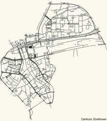 Detailed navigation black lines urban street roads map  of the CENTRUM DISTRICT of the Dutch regional capital city Eindhoven, Netherlands on vintage beige background