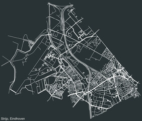 Detailed negative navigation white lines urban street roads map of the STRIJP DISTRICT of the Dutch regional capital city Eindhoven, Netherlands on dark gray background