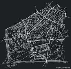 Detailed negative navigation white lines urban street roads map of the GESTEL DISTRICT of the Dutch regional capital city Eindhoven, Netherlands on dark gray background