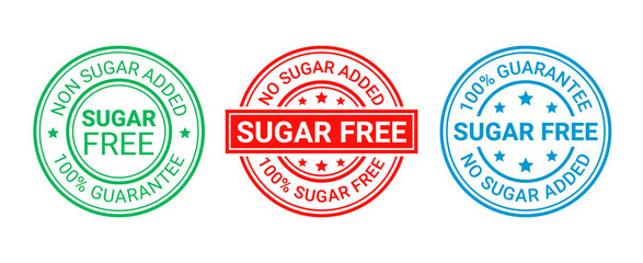 Obraz premium Sugar free stamps. No sugar added badges. Certified stickers. Diabetic round icons. Emblems for packaging. Set of seal imprints isolated on white background. Label for food. Vector illustration