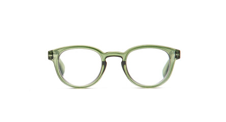 Green translucent eyeglasses on a white background with subtle shadow