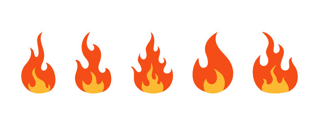 Fire icons. Flame icons. Cartoon emoji of bonfire. Symbol of fire. Hot logos. Silhouettes of burn. Vector