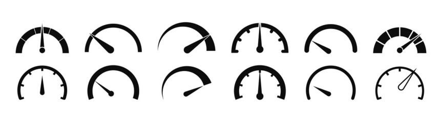 Speedometer icons. Speed gauges. Meters of speed for car. Indicator for dashboard of car. Tachometer, odometer for gauge of performance. Measure of internet speed. Vector - obrazy, fototapety, plakaty