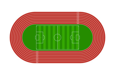 Run track. Football arena. Stadium for soccer and runner with tracks. Field or sport athletic arena for olympic game. Racetrack with line, 8 pathways, start and finish. Vector © Wise ant