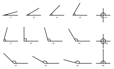 Angle with different degrees. Icon of obtuse and acute angle. Triangle with 90, 45, 120, 180 and 60 degree. Symbol of measure and math. Vector