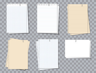 Memo pad paper. Different notebook sheets with clip. Notepaper with lines and grid. Piece of paper of notepad for note, notice and text. Realistic sheets isolated on transparent background. Vector - obrazy, fototapety, plakaty