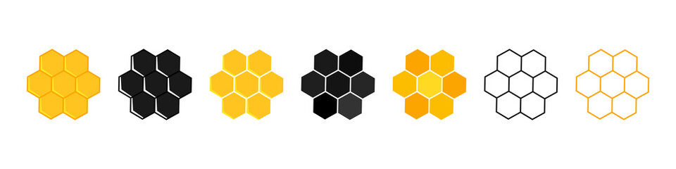 Honeycomb icons. Honeycomb of bee. Honey icons. Honey hive pattern. Beehive texture. Flat logos isolated on white background. Abstract shapes. Vector