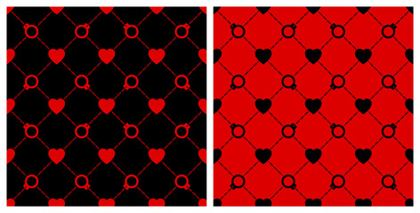 Seamless background pattern. Mesh fence chains shackle heart red black. Texture design for fabric, tile, banner, template, card, poster, backdrop, wall. Vector illustration.