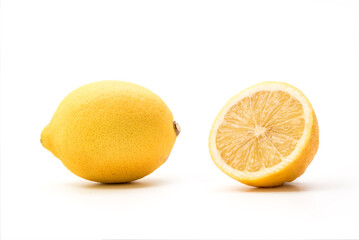 Lemons on white background. Halfs of lemon and whole lemon, with little shadow. Yellow lemons isolated on white background with clipping path included.