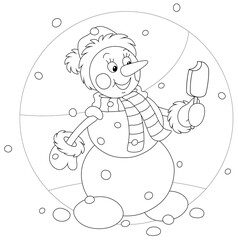 Cute snowman with a Santa hat, a warm scarf and mittens friendly smiling and holding a chocolate ice cream on a stick, black and white outline vector cartoon illustration for a coloring book