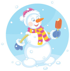Cute snowman with a Santa hat, a warm scarf and mittens friendly smiling and holding a chocolate ice cream on a stick, black and white outline vector cartoon illustration for a coloring book