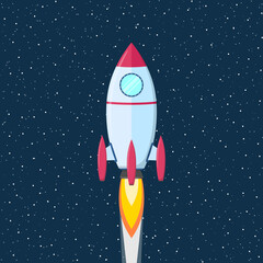 Flying rocket with fire and trail on the starry sky seamless background. Startup, moving forward, starting a business. Vector illustration.