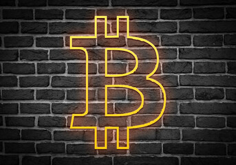 Obraz premium Icono de bitcoin en neón naranja sobre ladrillo negro. 