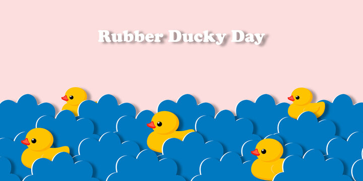 Holiday National Rubber Duck Day. Yellow cute ducklings have a water race in paper cut style. Water birds.