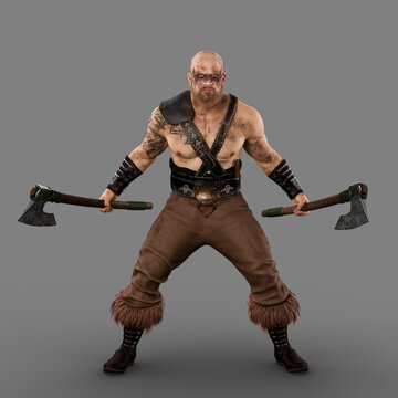 Fierce barbarian viking warrior man with tattoos and war paint standing with a bearded axe in each hand ready for battle. 3d rendering isolated on grey.
