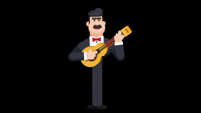 Standing man playing guitar in black suit. Music show concept on wedding and party. Animation video with alpha channel.
